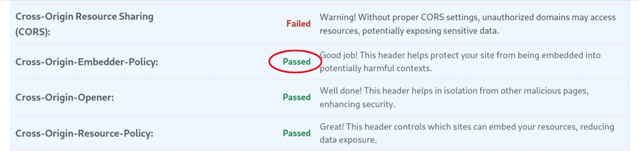 Cross-Origin-Embedder-Policy test results