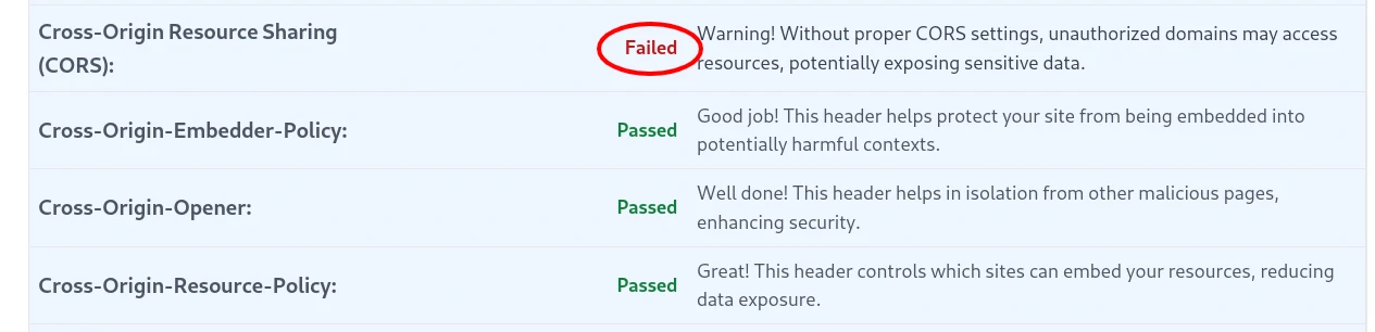 Cross-Origin Resource Sharing test results