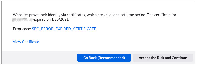 SSL/TLS certificate expiration as seen in Firefox