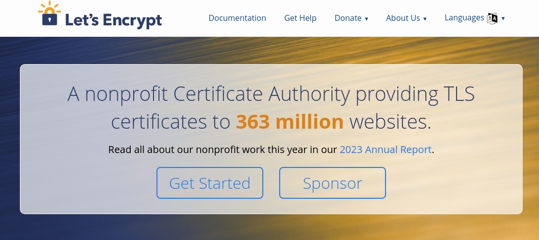 Screenshot of Let's Encrypt's website, one of the most popular SSL/TLS certificate issuer