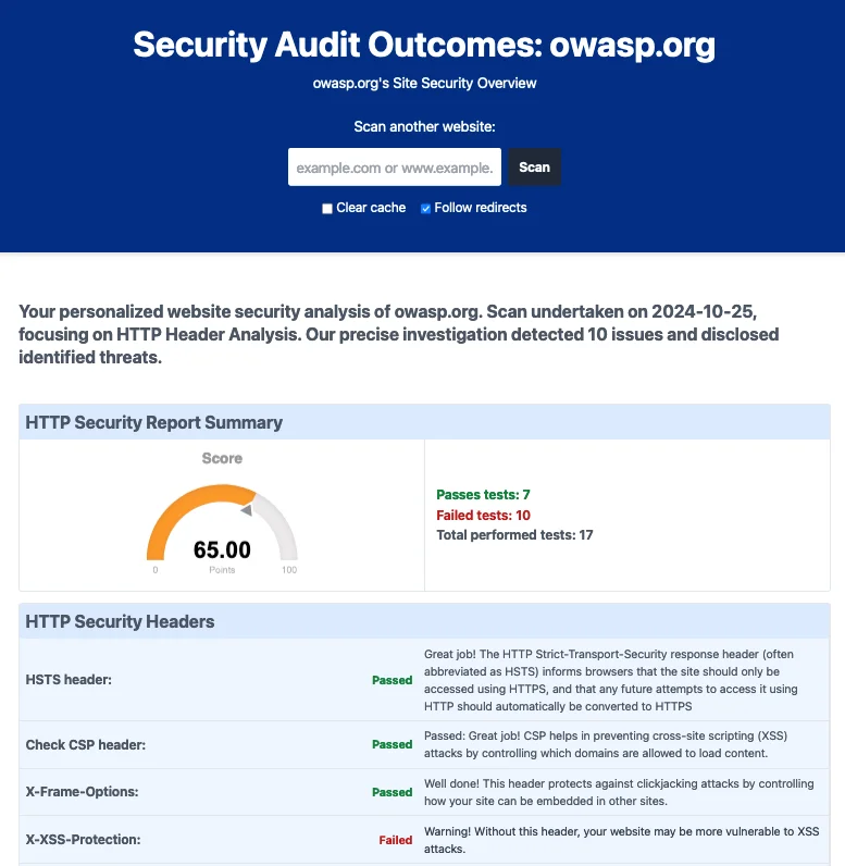 Protocolguard Misconfiguration Scanner Results for OWASP.org